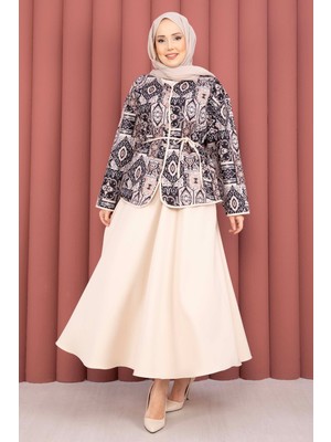 Mat Etnik Desen Ceket & Etek Takım Bej