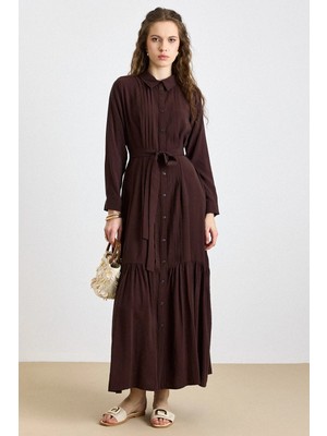 Olcay Nervür Detaylı Eteği Fırfırlı Soft Kumaş Elbise Kahve 9441-E