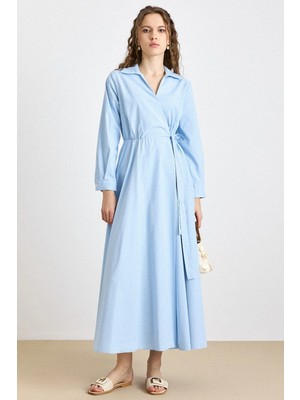 Olcay Yandan Bağlamalı Taş Bezeli Çizgili Pamuklu Elbise Mavi 9440-E