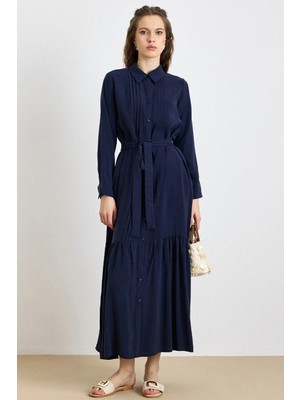 Olcay Nervür Detaylı Eteği Fırfırlı Soft Kumaş Elbise Lacivert 9441-E