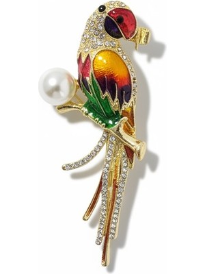 Cesicey Papağan Broş(5 cm) Zirkon Taşlı İnci Detaylı Gold Renk
