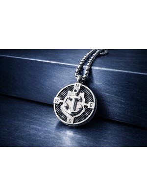 Paslanmaz Çelik Minimal Ölçü Siyah Zincir Hediyeli Denizci Tasarım Çapa Pusula Kolye