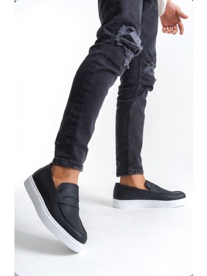 BOA ABA0580 Siyah Beyaz Taban Erkek Ayakkabı Bağcıksız Kuşaklı Yüksek Taban