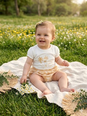 Tuem Baby  Çiçek Nakışlı Kısa Kollu Tişört ve Papatya Desenli Kız Bebek Şortlu Takım(Bedenölçüleriaçıklamada)