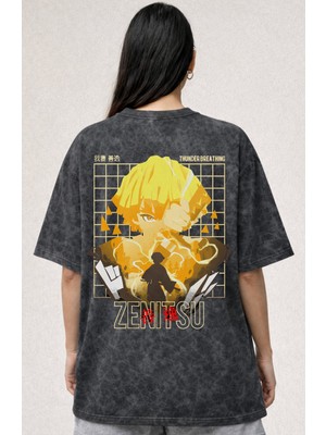 Sevbano Zenitsu Agatsuma Kimetsu No Yaiba Anime Karakterler Baskılı Unisex Oversize Eskitme Yıkamalı Tişört