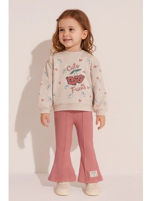 GMG Collection Baby Kız Çocuk Kiraz Nakışlı Alt-Üst Takım Pudra Fitilli Tayt 3-4-5-6 Yaş