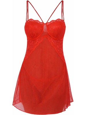 Genel Kadın Kırmızı Dantel Gecelik Transparan Askılı Gecelik