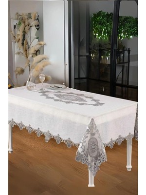 Finezza Asya Lüx Dantelli Simli Keten Kumaş Krem Masa Örtüsü 160X230 cm 1168