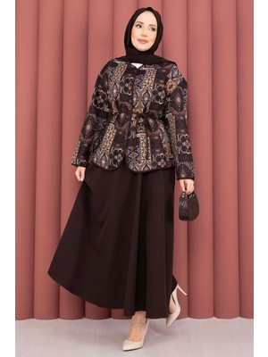 Mat Etnik Desen Ceket & Etek Takım Kahve