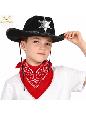 NessiWorld Çocuk Kovboy Şapka Rozetli Siyah &amp; Kırmızı Bandana Seti