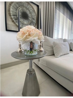 Eks Gümüş Eskitme Tekli Yan Sehpa Zigon 55 cm