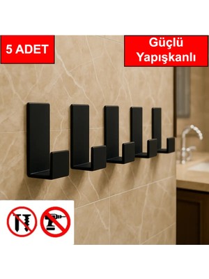 Mikasso Güçlü Yapışkanlı Çok Amaçlı Plastik Askı Kapı Arkası Askılık Mutfak Askı 5 Adet Siyah