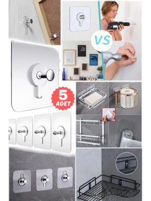 Mikasso 5 Adet Çivisiz Sihirli Kanca Şeffaf Güçlü Yapışkan Ağır Sihirli Duvar Kancası Delmeden Hızlı Montaj