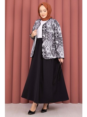 Mat Etnik Desen Ceket & Etek Takım Siyah