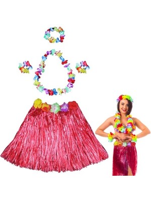 Ett Hawaii Dans Kostümü – Kırmızı Hula Etek &amp; Çiçek Kolye Seti