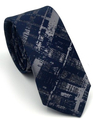 Gaffy Füme Desenli Lacivert Dokuma Kumaş Mendilli Slim Fit Kravat // SDK-2601-2
