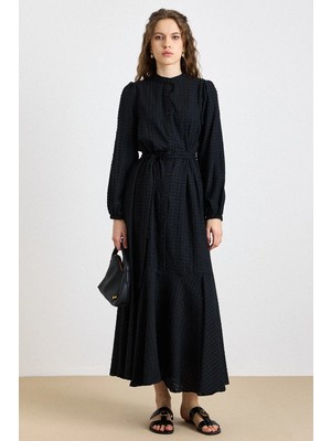 Olcay Eteği Kloş Kendiliğinden Desenli Elbise Siyah 9443-E