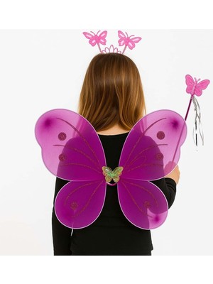 NessiWorld Fuşya Kelebek Kız Seti – 50 cm Kelebek Kanadı, Taç ve Asa