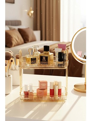 Mikasso 2 Katlı Makyaj Organizeri Kozmetik Aksesuar Düzenleyici Banyo Rafı Amber Plastik Sarı Tr