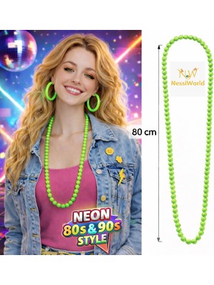NessiWorld Neon Yeşil Boncuk Kolye 80 cm – Retro 80’ler 90’lar Parti Aksesuarı