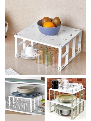 Mikasso Organizer Dolap Içi Düzenleyici Raf Metal Tabak Bardak Rafı Metal Beyaz