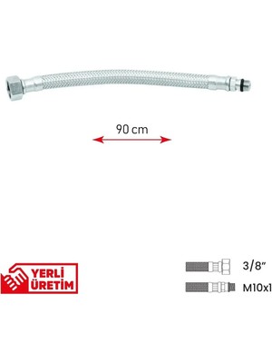 Mikasso Paslanmaz Çelik Flex Hortum 3/8 - M10X1 Batarya Musluk Bağlantı Hortumu 90 cm Gri