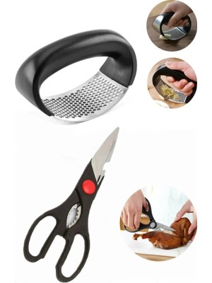 Mikasso Paslanmaz Çelik Et, Tavuk Börek Doğrama Mutfak Makası & Tutma Kollu Lüx Sarımsak Ezici Çelik