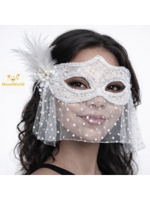 NessiWorld Beyaz Dantel Tüllü Peçeli Parti Maskesi – Tüylü Inci Detaylı