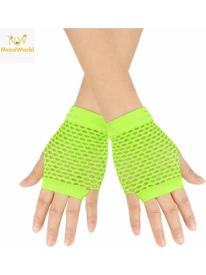 NessiWorld 80’ler 90’lar Retro Neon Yeşil File Parmaksız Kısa Eldiven 11 cm