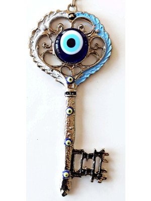 Ett Gümüş Kaplama Nazar Boncuklu Beyaz ve Mavi Nostaljik Anahtar Şekilli Duvar Süsü