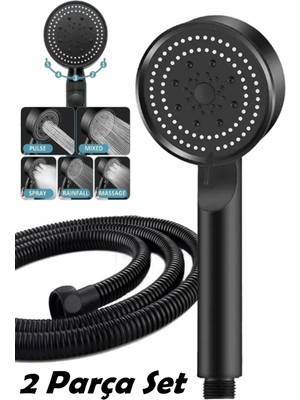 Mikasso 5 Fonksiyonlu Duş Başlığı ve Siyah Duş Hortumu 150 cm Set Siyah Plastik