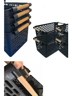 Mikasso 2 Adet Ahşap Renk Plastik Saplı Organizer Sepet Düzenleyici (Siyah) Plastik Siyah 30 x 30