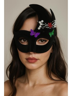 NessiWorld Siyah Renk Incili Taşlı Süet Kaplama Venedik Parti Maskesi 20X22 cm