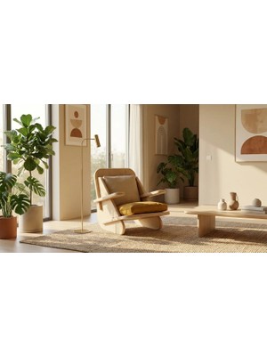 Praktura Stylısh Doğal Ahşap Berjer, Krem Sarı Keten Kumaş Tekli Koltuk, Ahşap Mobilya
