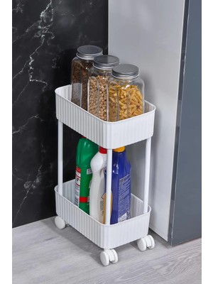 Mikasso 2 Katlı Tekerlekli Banyo-Mutfak Düzenleyici Pratik Raf Beyaz Plastik Beyaz Tr