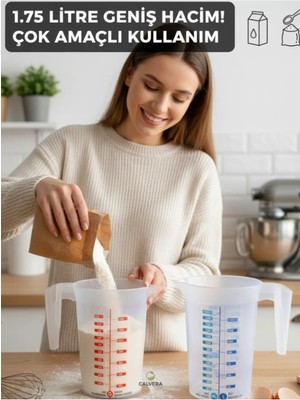 Mikasso 1.75 Litre Dereceli Ölçü Kabı - 4 Farklı Ölçüm Birimli Çok Amaçlı Mutfak Kabı - Şeffaf Şeffaf Plasti