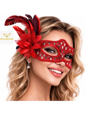 NessiWorld Kırmızı Tüylü Balo Maskesi Kadın Parti Aksesuarı