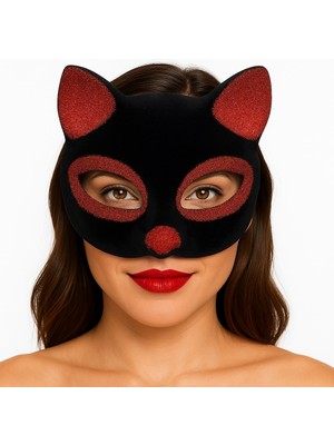 NessiWorld Siyah Renk Kırmızı Simli Süet Kaplama Kedi Maskesi 18X14 cm