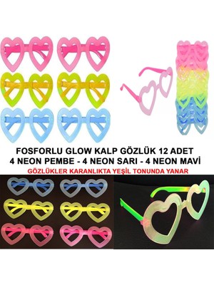 NessiWorld Fosforlu Kalp Model Glow Parti Gözlüğü Karanlıkta Yanan Gözlükler 12 Adet