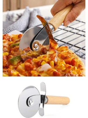 Mikasso Ahşap Saplı Çelik Bıçaklı Lüx Pizza Kesici Pizza Hamur Dilimleyici Kesici Büyük Boy Ahşap