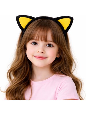 NessiWorld Peluş Kedi Kulak Taç Sarı Siyah – Çocuk Parti Kamp; Kostüm Tacı