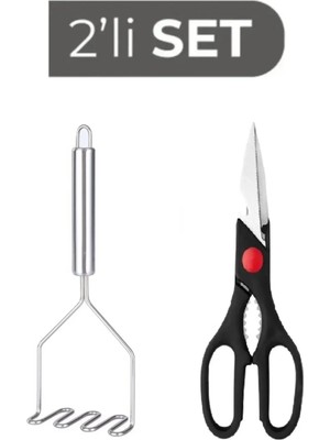 Mikasso Paslanmaz Çelik Çok Amaçlı Mutfak Makası ve Paslanmaz Çelik 24 cm Patates Ezici Paslanmaz Çelik