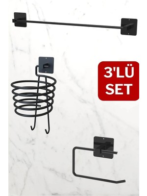 Mikasso Siyah Uzun Havluluk, Tuvalet Kağıdı Tutacağı ve Fönlük, Avantajlı 3'lü Set, Banyo Aksesuarları