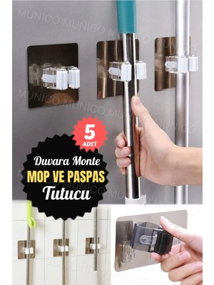 Mikasso 5 Adet Duvara Monte Paspas Raf Banyo Mutfak Düzenleyici Fırça Süpürge Askı Depolama Rafı Asılı Raylı