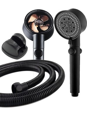 Mikasso 3'lü Set Siyah 5 Fonksiyonlu Turbo Jet Pervaneli Duş Başlığı Örgülü Hortum ve Askı Beyaz Krom