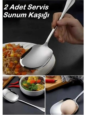 Mikasso 2 Adet Pratik 21 cm Paslanmaz Çelik Lüx Servis Salata Kaşığı Spatula | Çelik Yemek Servis Kaşığı Pas