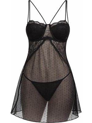 Genel Kadın Siyah Dantel Gecelik Transparan Askılı Gecelik