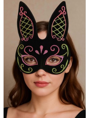 NessiWorld Siyah Renk Pembe Gold Simli Siyah Süet Kaplama Tavşan Maskesi 18X16 cm