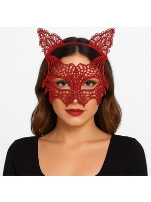 Nessiworld Kırmızı Dantel Kedi Maskesi ve Dantel Taç Seti – Kadın Kostüm Aksesuarı