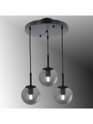 TT604-3Y-FULLSY Tt Aydınlatma Mat Siyah 3 Lü Tijli Glop Camlı Yuvarlak Avize